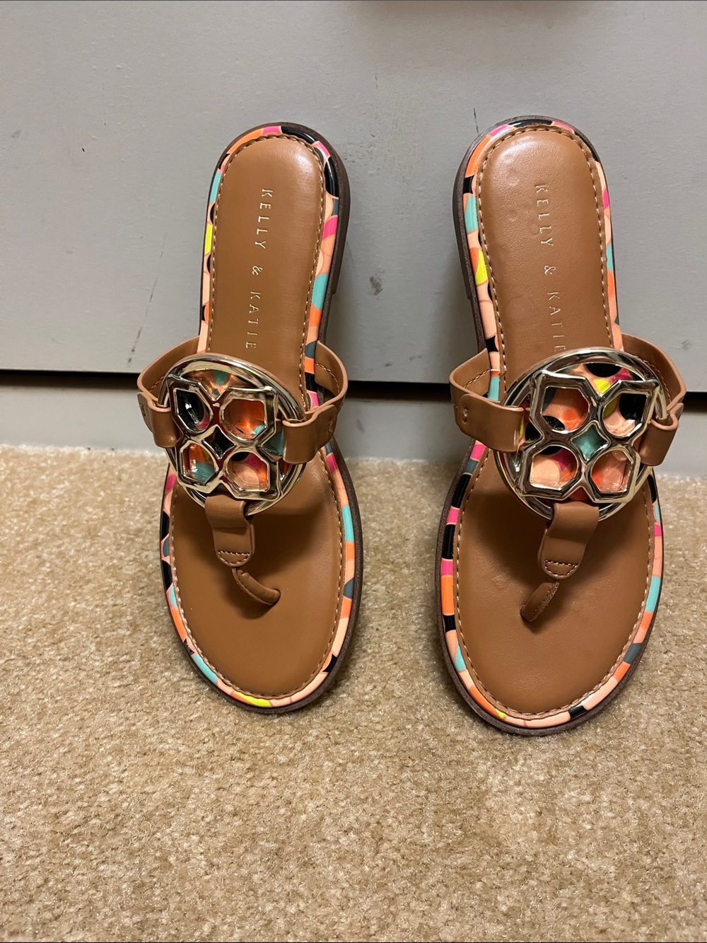 Kelly & Katie Tan Thong Sandals with Colorful Trim and Gold Accent